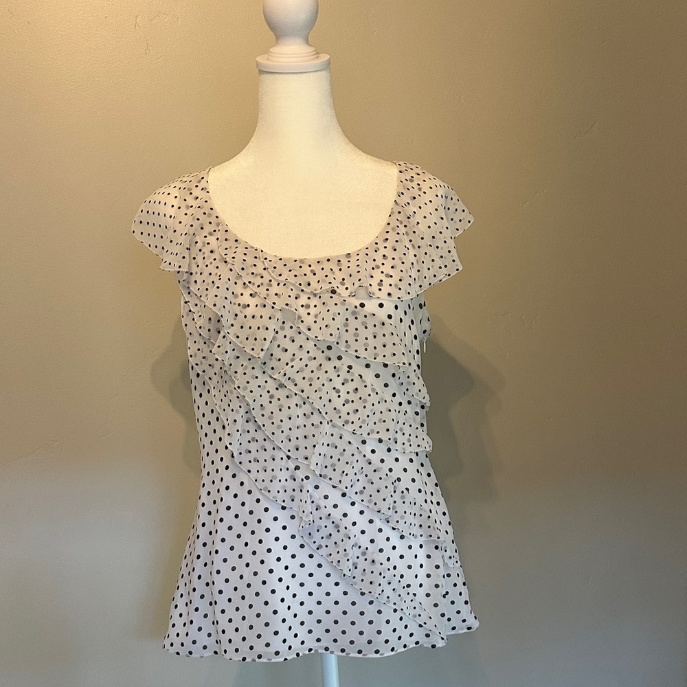 White House Black Market Black and White Polka Dot Ruffle Blouse